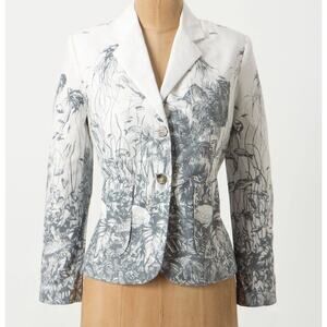 Anthropologie Sea Nettle Off White Gray Print Cotton Lined Jacket Blazer Sz 0